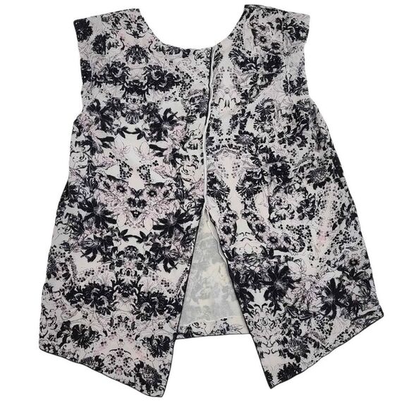 Rebecca Taylor Silk Kiku Print Floral Top Sleeveless Split Back Black Ivory Sz 2 - Picture 3 of 13